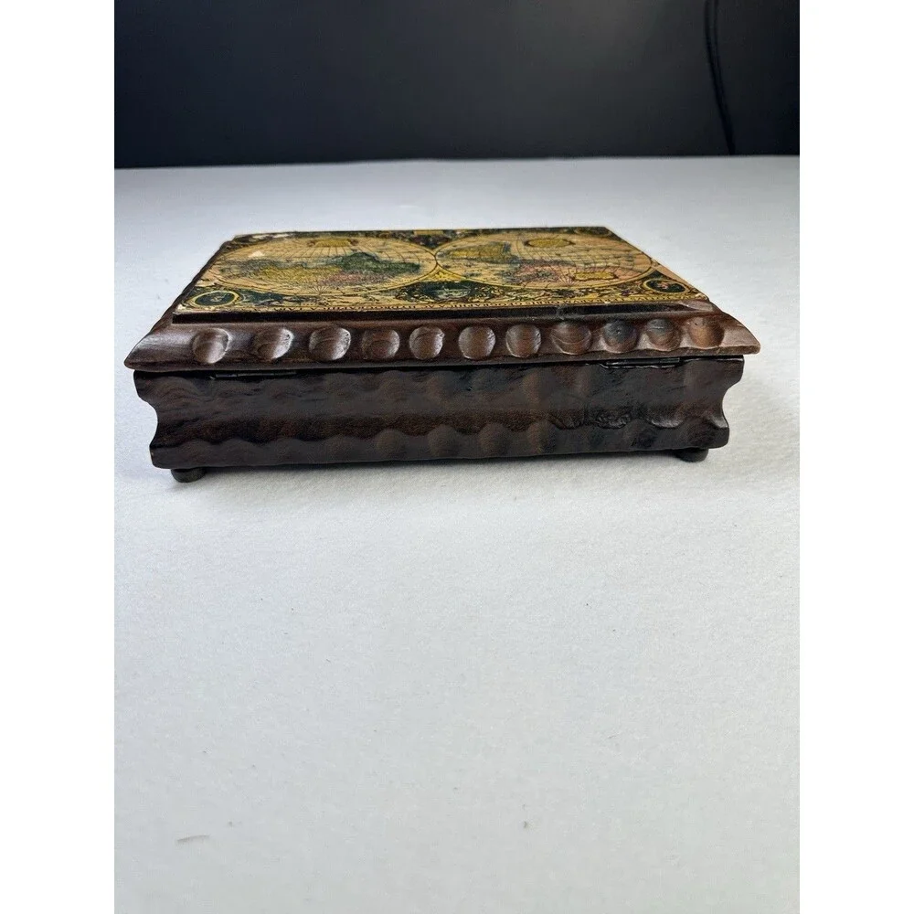 Vintage Wooden Trinket‎ Box World Map Decorative Lid Hinged Jewelry Organizer